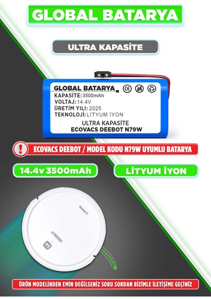 Ecovacs Deebot N79W Akıllı Robot Süpürge Bataryası 14.4V 3500MAH Li-Ion Pil (Ultra Kapasite)
