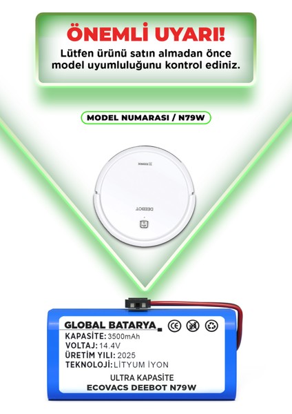 Ecovacs Deebot N79W Akıllı Robot Süpürge Bataryası 14.4V 3500MAH Li-Ion Pil (Ultra Kapasite) indirimleri