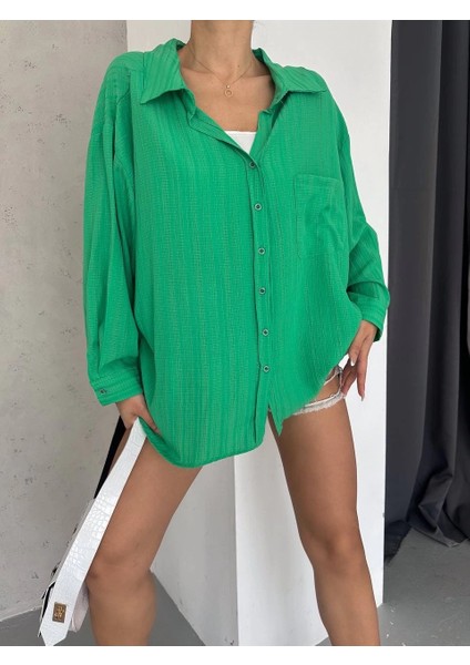 Techmrt Ağaç Kabuğu Oversize Arkası Pileli Gömlek Yeşil (Beden: Standart) fırsatları