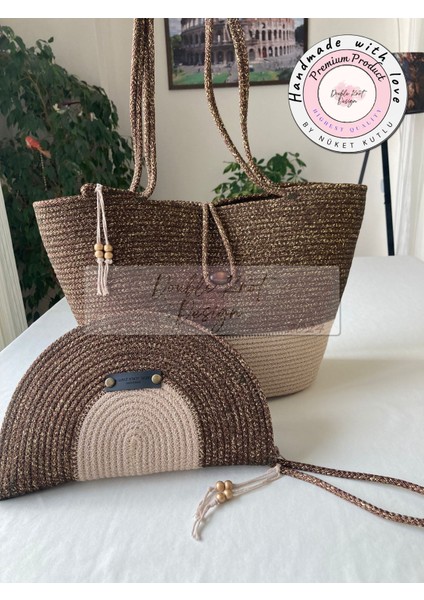 Bailey 2li Takım Plaj Çantası , El Çantası Clutch, Totebag, Kadın Çanta, Yazlık, Hediyelik, hasır Jüt Tress
