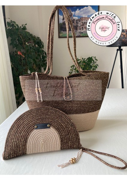 Bailey 2li Takım Plaj Çantası , El Çantası Clutch, Totebag, Kadın Çanta, Yazlık, Hediyelik, hasır Jüt Tress