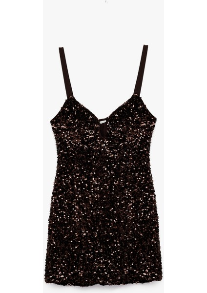 Pencere Detaylı V Yaka Kolsuz Pullu Payetli Mini Abiye Elbise