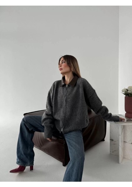 Deri Yakalı Pamuk Dokulu Çift Taraflı Çalışan Fermuar Ceket - Füme