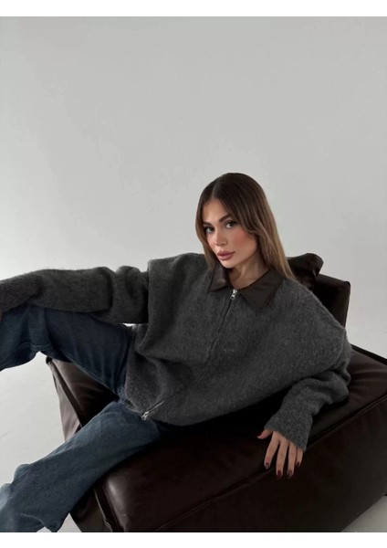 Deri Yakalı Pamuk Dokulu Çift Taraflı Çalışan Fermuar Ceket - Füme fiyatları