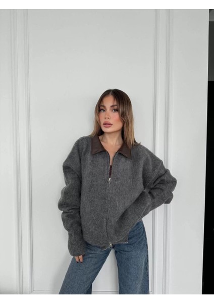 Deri Yakalı Pamuk Dokulu Çift Taraflı Çalışan Fermuar Ceket - Füme modelleri