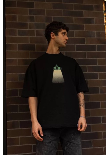 Unisex Bisiklet Yaka Baskılı Oversize T-Shirt - Siyah