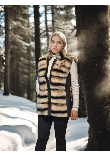 Kadın Kolsuz Hakiki Deri Kürk - Siyah