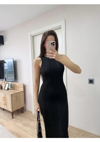 Fitilli Triko Elbise Kolsuz Sırtı Kapalı Maxi Uzun Boy - Siyah