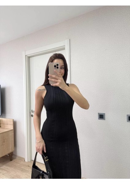Fitilli Triko Elbise Kolsuz Sırtı Kapalı Maxi Uzun Boy - Siyah fiyatları