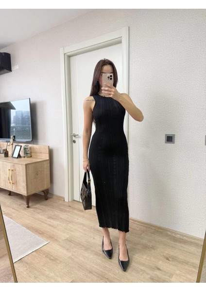 Fitilli Triko Elbise Kolsuz Sırtı Kapalı Maxi Uzun Boy - Siyah modelleri