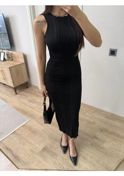 Fitilli Triko Elbise Kolsuz Sırtı Kapalı Maxi Uzun Boy - Siyah fırsatları