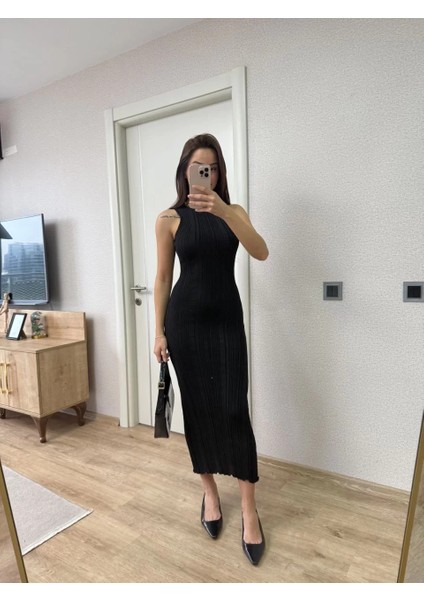 Fitilli Triko Elbise Kolsuz Sırtı Kapalı Maxi Uzun Boy - Siyah indirimleri