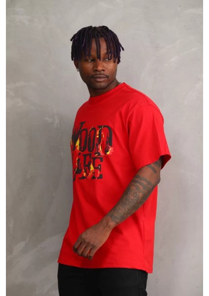 Unisex Baskılı Oversize T-Shirt - Kırmızı fırsatları