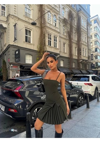 Iki Parçalı Pileli Askılı Kadın Mini Elbise - Haki indirimleri