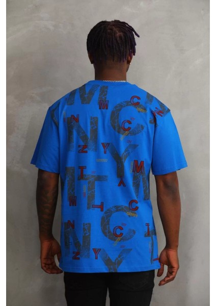 Unisex Baskılı Oversize T-Shirt - Mavi fiyatları