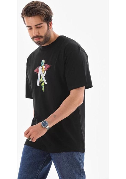 Unisex Bisiklet Yaka Baskılı Oversize T-Shirt - Siyah indirimleri