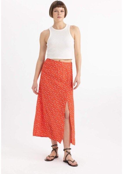 A Kesim Çiçekli Normal Bel Yırtmaçlı Midi Etek X6692AZ24SM