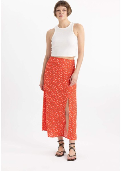 A Kesim Çiçekli Normal Bel Yırtmaçlı Midi Etek X6692AZ24SM