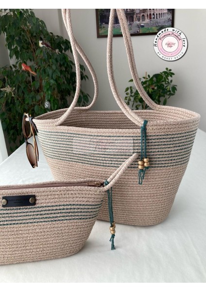 Bailey 2li Takım Plaj Çantası , El Çantası Clutch, Totebag, Kadın Çanta, Yazlık, Hediyelik, hasır Jüt Tress