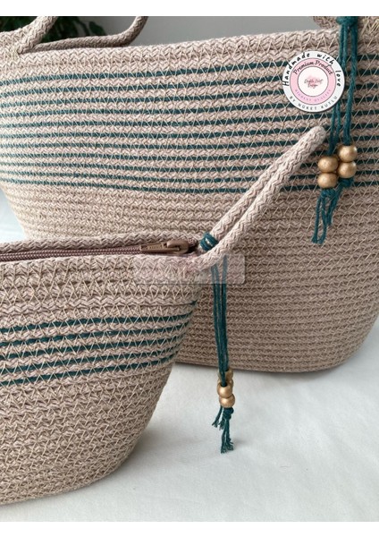 Bailey 2li Takım Plaj Çantası , El Çantası Clutch, Totebag, Kadın Çanta, Yazlık, Hediyelik, hasır Jüt Tress