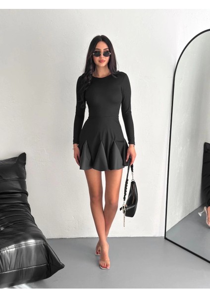 Techmrt Eteği Kloş Crep Mini Elbise S1267 Siyah (Beden: L) modelleri