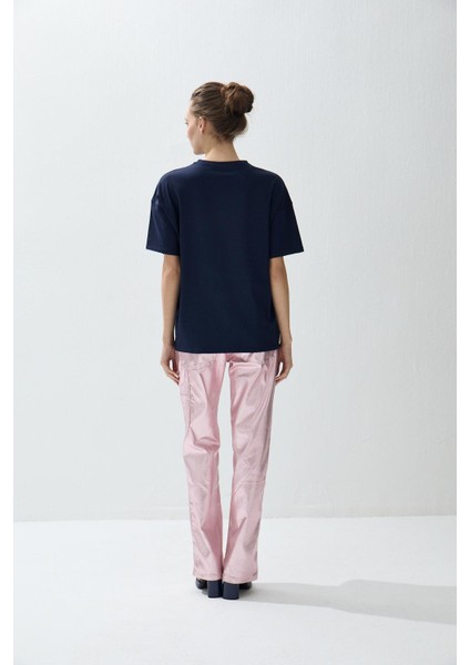 Kadın Lacivert Renk Pembe Sim Baskılı Oversize T-Shirt