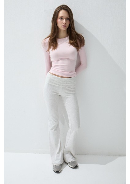 Kadın Lotus Renk Bisiklet Yaka Uzun Kollu T-Shirt