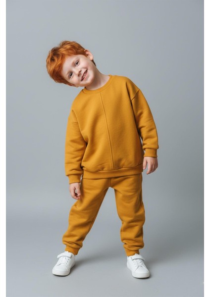 Unisex Çocuk Dikiş Detaylı 3 Iplik Hardal Alt Üst Takım modelleri
