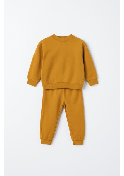 Unisex Çocuk Dikiş Detaylı 3 Iplik Hardal Alt Üst Takım