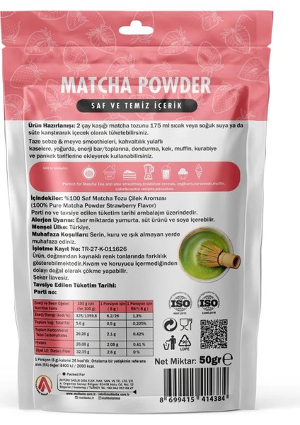Çilek Aromalı Matcha ( Maça ) Çayı Tozu Glutensiz 50GR fiyatları