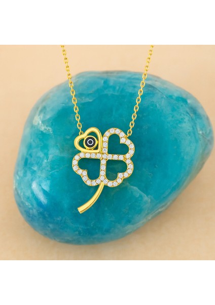 14 Ayar Altın Dört Yapraklı Yonca Kolye, Nazar Boncuklu Çiçek Kolye