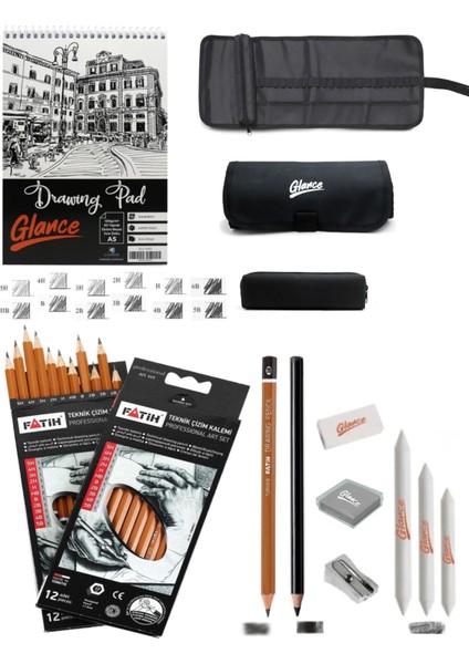 Eskiz Defteri A5 120 gr 50 Yp Professional Dereceli Kalem Set 12 Li Rulo Bez Çantalı Eskiz