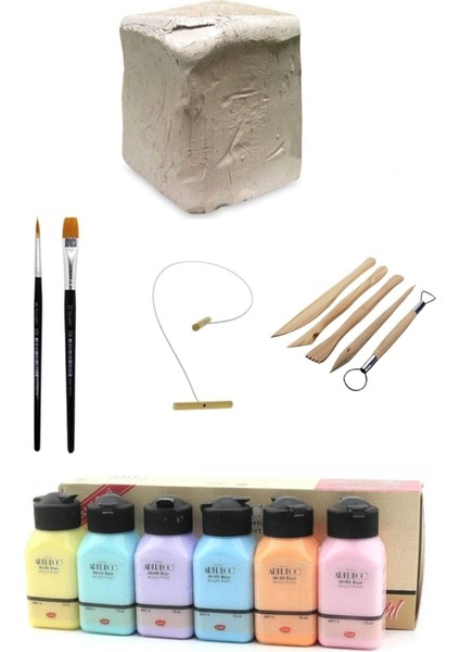 Seramik Hamuru 6 kg Kil Kesme Teli 5'li Ebeşuar Artdeco Akrilik Boya 6X75 ml Pastel Renkler