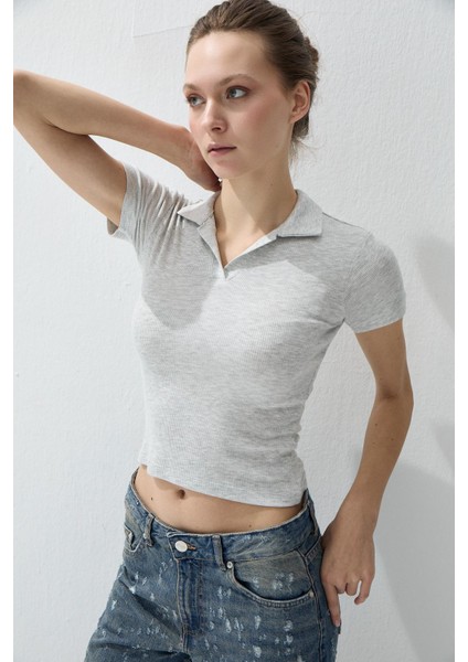 Kadın Kar Melanj Polo Yakalı Kısa Kollu T-Shirt modelleri