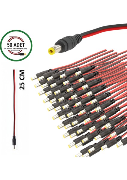 50 Adet Dc Power Jack Kablosu 25 cm Düz Erkek Çoklu Set Kamera Modem LED Adaptör Güç Bağlantı Kablosu
