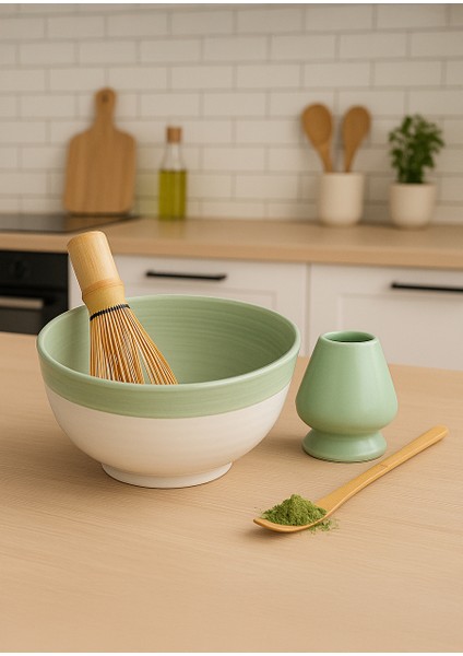 4'lü Mathca Seti - Bambu Matcha Çırpıcı Whisk, Seramik Whisk Tutucu, Mathca Karıştırma Kasesi ve Bambu Scoop Kaşık