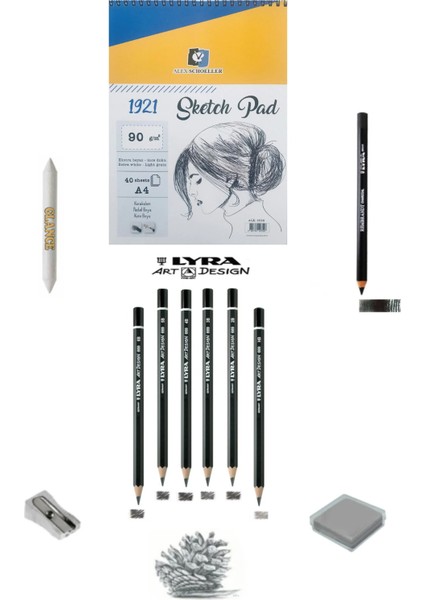 Alex Schoeller Sketch Pad Eskiz Defteri 90GR A4 40 Yaprak Lyra Dereceli Karakalem Eskiz Çizim Seti
