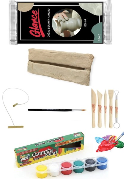 Doğal Seramik Hamuru Seramik Hamuru 1000 gr Guaj Boya 6X15ML Doku Sünger Set