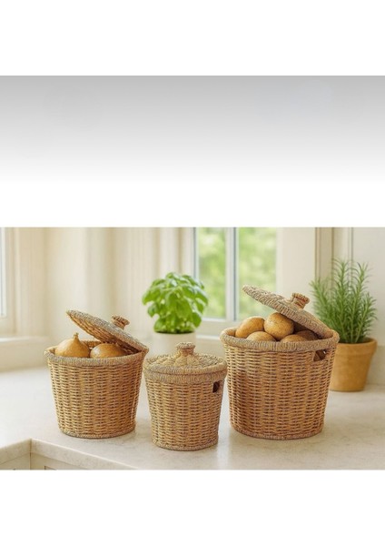 3'lü Hasır Kapaklı Patates Soğan Sebzelik Sepeti Rattan Görünümlü Set