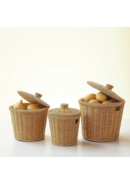 3'lü Hasır Kapaklı Patates Soğan Sebzelik Sepeti Rattan Görünümlü Set fiyatları