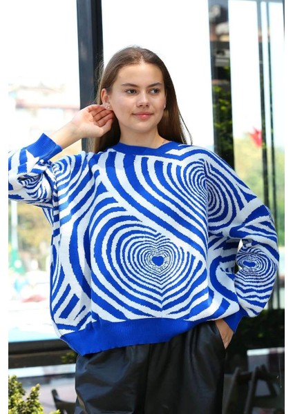 Techmrt Beyaz Kalp Çizgili Kazak Saks Mavisi (Beden: Standart) fiyatları