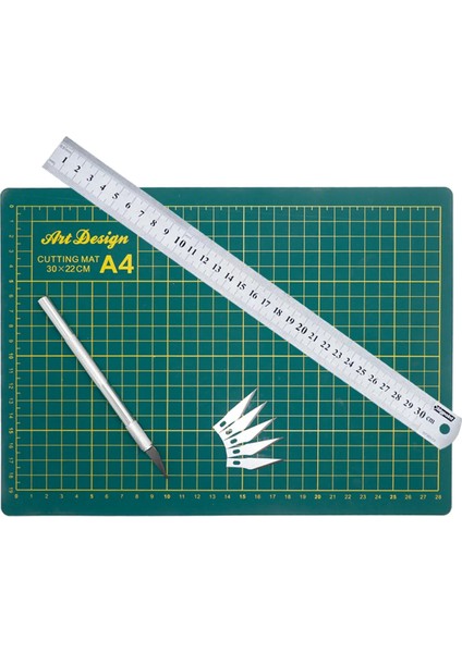 A4 Kesim Matı Çift Taraflı Kesim Altlığı Kretuar Bıçağı 5 Yedekli Çelik Cetvel 30 cm A4 Kesim Seti