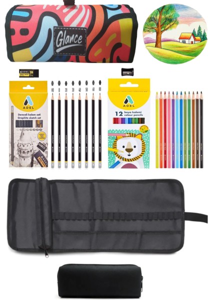 Renkli Desen Rulo Bez Kalemlik 24 Bölmeli + Kalem Kutusu Dereceli ve Boya Kalem Seti