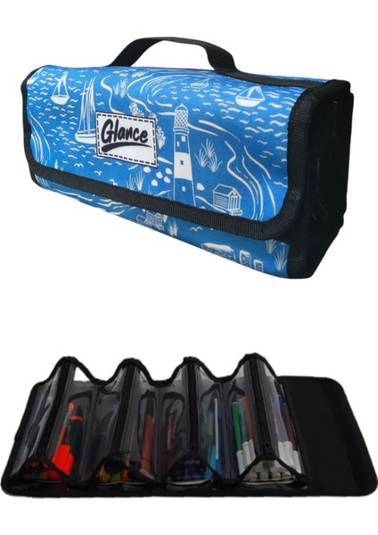 4 Bölümlü Mavi Deniz Fenerli Kalem Çantası Kulplu
