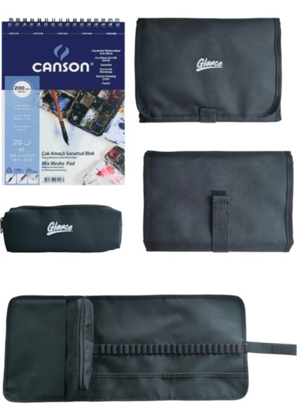 Canson Çok Amaçlı Sanatsal Blok A5 200 gr 20 Yaprak Cepli Siyah Kalemlik 24 Bölmeli + Kalem Kutusu