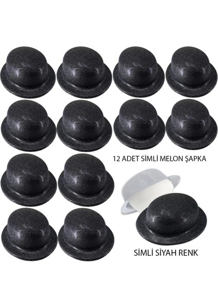Bfs siyah Renk Simli Melon Yuvarlak Parti Şapkası 12 Adet