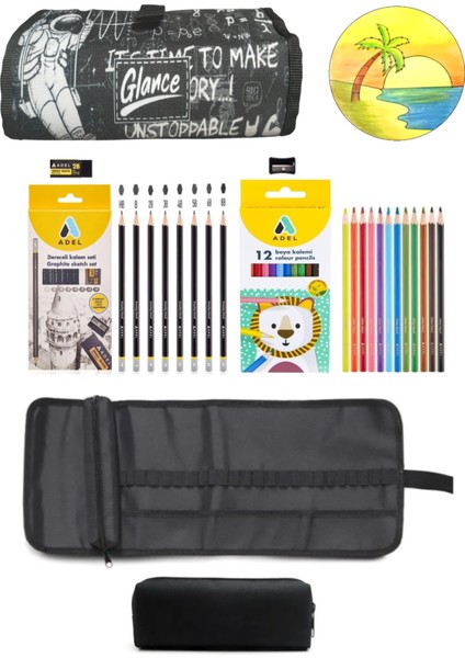 Astranot Rulo Bez Kalemlik 24 Bölmeli + Kalem Kutusu Dereceli ve Boya Kalem Seti