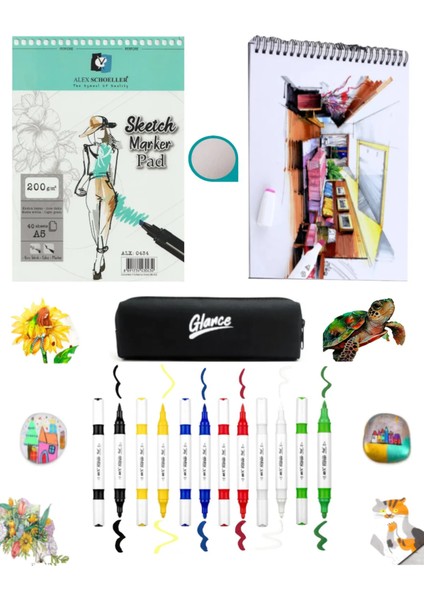 Alex Marker Eskiz Defteri 200GR A5 40YP Akrilik Canlı Renkler 6'lı Set