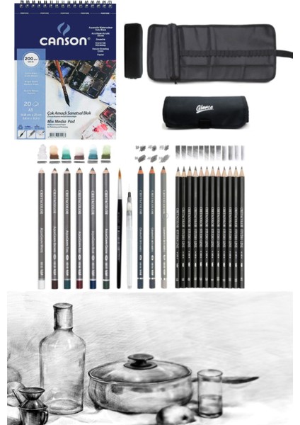 Canson Defter A5 200 gr Cretacolor 6'lı Aquarell Sulandırılabilir Fırçalı Rulo Kalemlik Eskiz