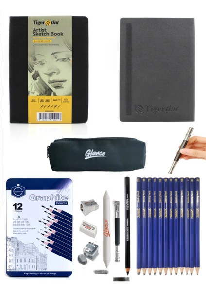 Eskiz Defteri 140GR 80 Yp A5 Siyah Keep Smiling Dereceli Kalem Seti 12LI Metal Kutulu Eskiz Seti